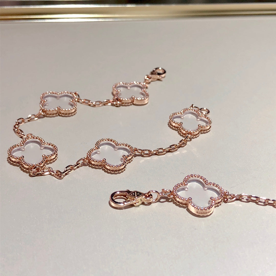 [Kincade Jewelrys]CLOVER 5 MOTIF ROCK CRYSTAL PINK GOLD BRACELET
