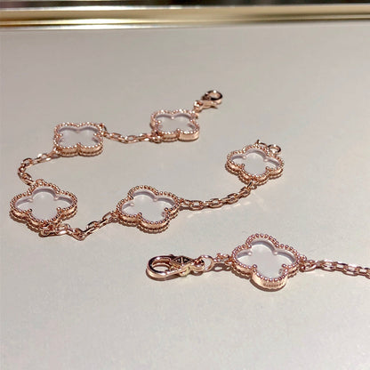 [Kincade Jewelrys]CLOVER 5 MOTIF ROCK CRYSTAL PINK GOLD BRACELET