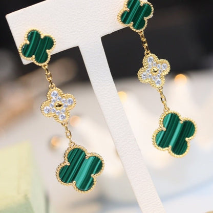 [Kincade Jewelrys]CLOVER EARRINGS GOLD MALACHITE DIAMOND 3 MOTIF