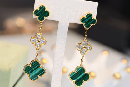 [Kincade Jewelrys]CLOVER EARRINGS GOLD MALACHITE DIAMOND 3 MOTIF