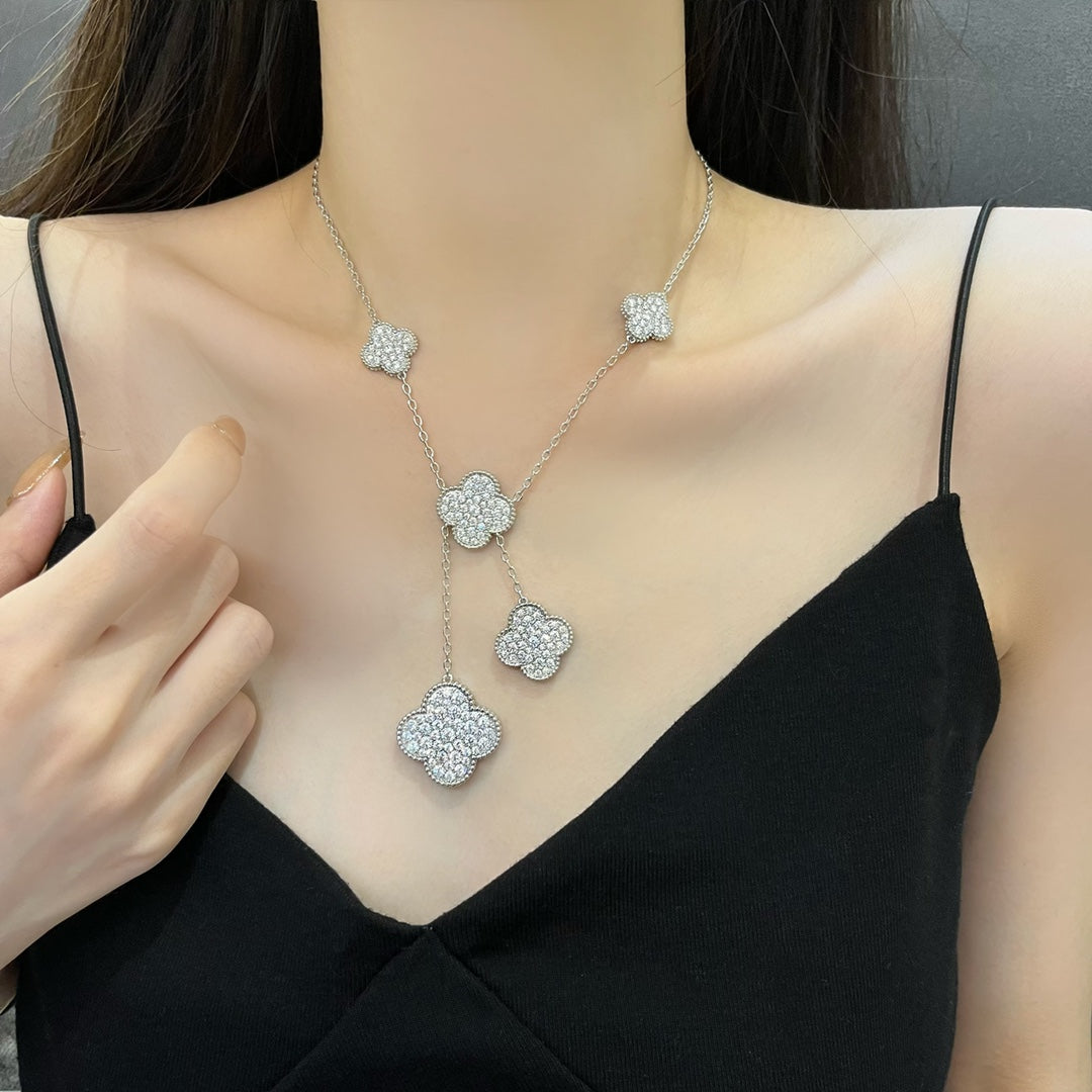 [Kincade Jewelrys]CLOVER 5 MOTIFS SILVER DIAMONDS NECKLACE