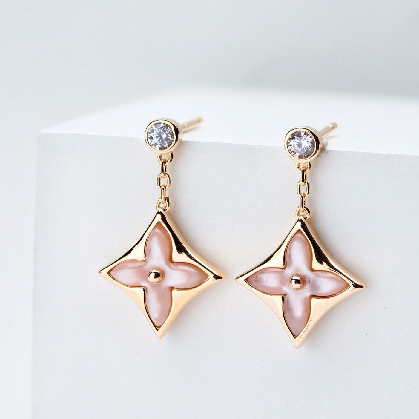 [Kincade Jewelrys]DOUBLE STAR PINK GOLD MOP DROP EARRINGS