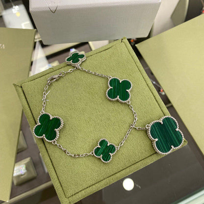 [Kincade Jewelrys]CLOVER 5 MOTIFS SIVLER MALACHITE BRACELET