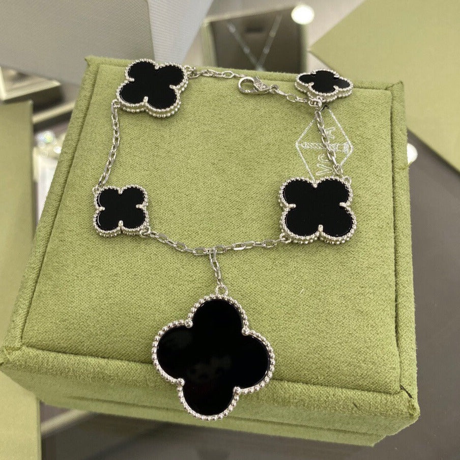 [Kincade Jewelrys]CLOVER 5 MOTIFS SIVLER ONYX BRACELET