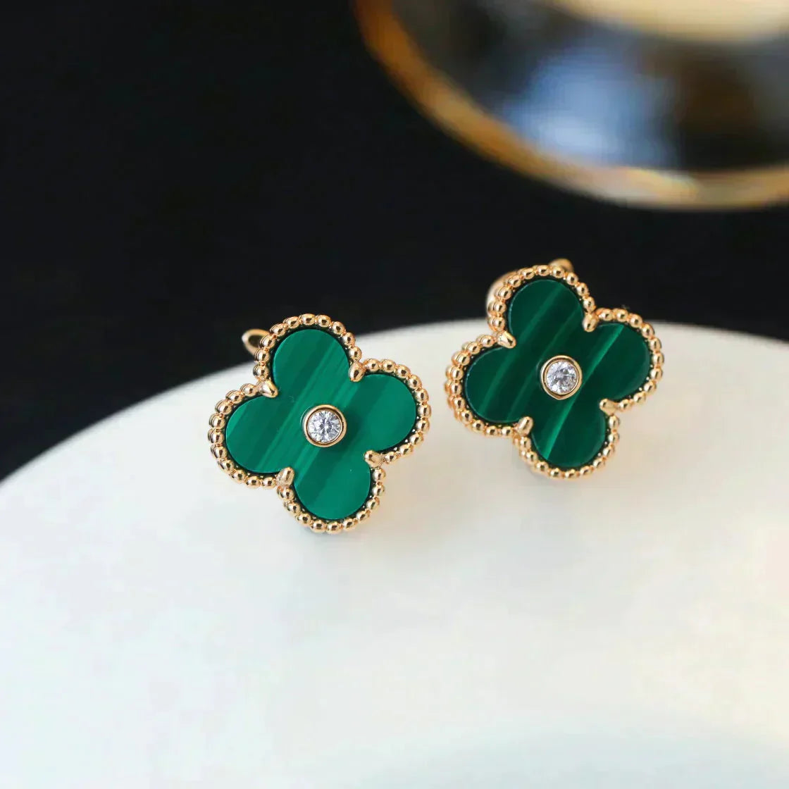 [Kincade Jewelrys]CLOVER MEDIUM 1 MOTIFS MALACHITE DIAMOND EARRINGS