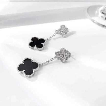 [Kincade Jewelrys]CLOVER 2 MOTIFS  DIAMOND ONYX EARRINGS SILVER
