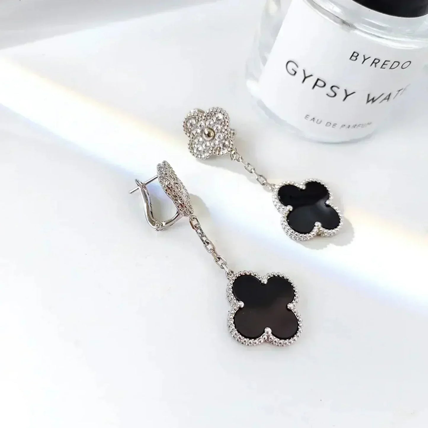 [Kincade Jewelrys]CLOVER 2 MOTIFS  DIAMOND ONYX EARRINGS SILVER