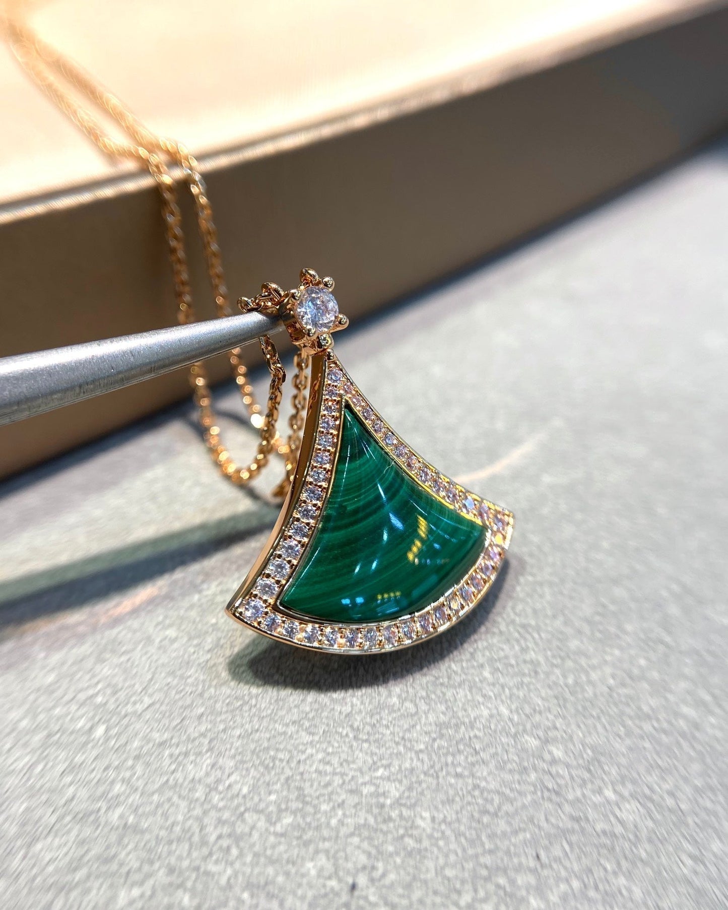 [Kincade Jewelrys]DREAM MALACHITE DIAMOND PAVED PINK GOLD NECKLACE