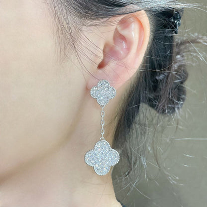 [Kincade Jewelrys]CLOVER 2 MOTIFS DIAMOND PAVED SILVER EARRINGS