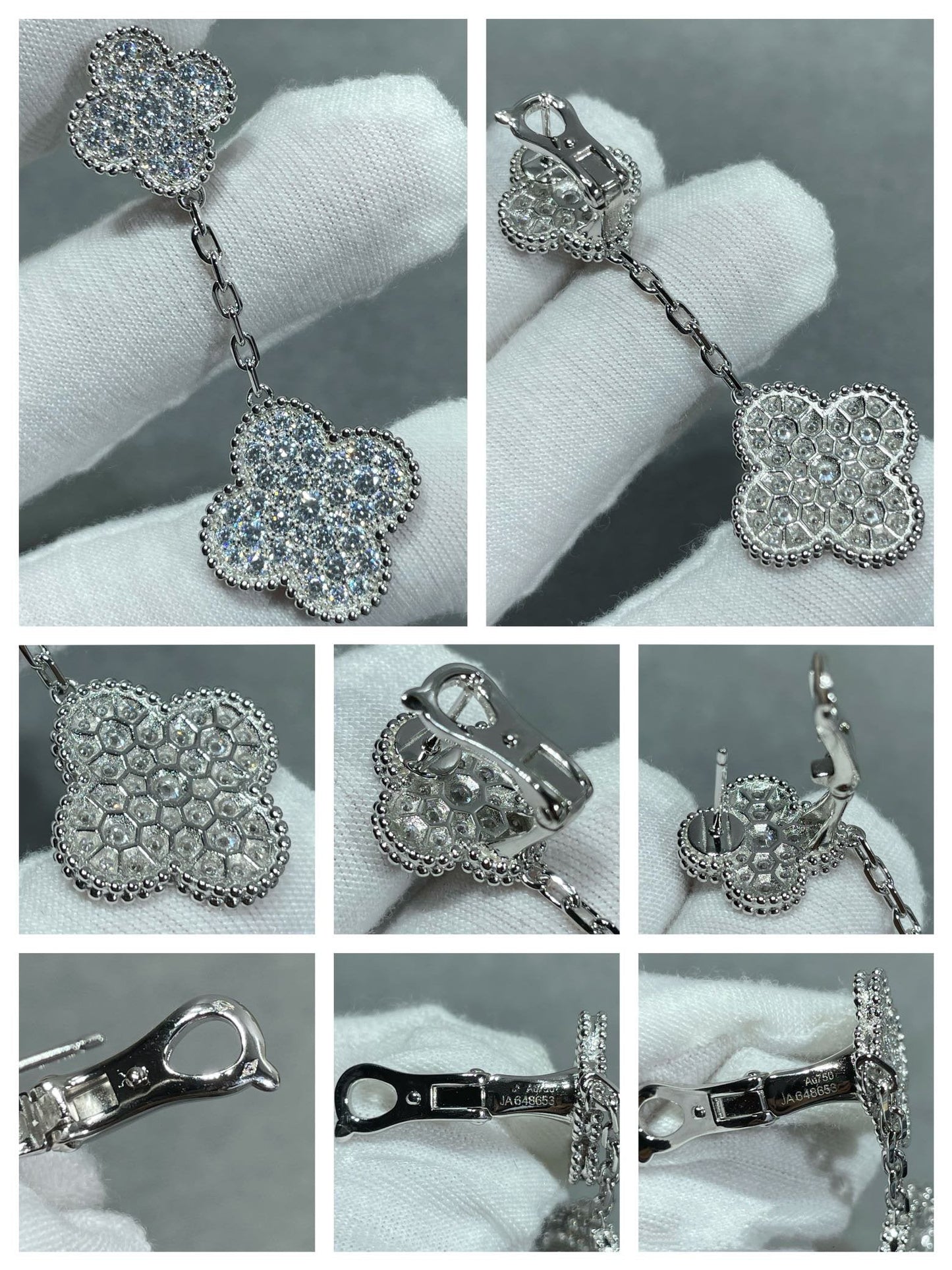 [Kincade Jewelrys]CLOVER 2 MOTIFS DIAMOND PAVED SILVER EARRINGS