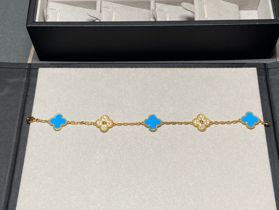 [Kincade Jewelrys]CLOVER 5 MOTIF BLUE CHALCEDONY DIAMOND GOLD BRACELET