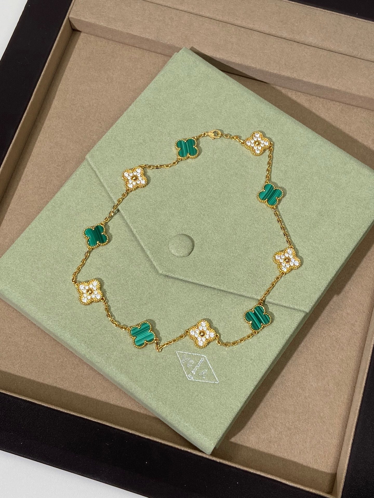 [Kincade Jewelrys]CLOVER 10 MOTIFS MALACHITE DIAMOND NECKLACE