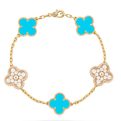 [Kincade Jewelrys]CLOVER 5 MOTIF TURQUOISE DIAMOND GOLD BRACELET