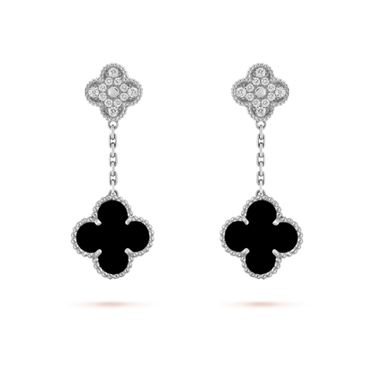 [Kincade Jewelrys]CLOVER 2 MOTIFS  DIAMOND ONYX EARRINGS SILVER