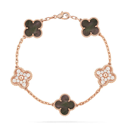 [Kincade Jewelrys]CLOVER 5 MOTIFS DARK MOP AND DIAMONDS PINK GOLD BRACELET