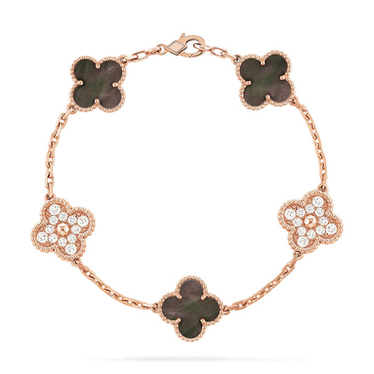 [Kincade Jewelrys]CLOVER 5 MOTIFS DARK MOP AND DIAMONDS PINK GOLD BRACELET