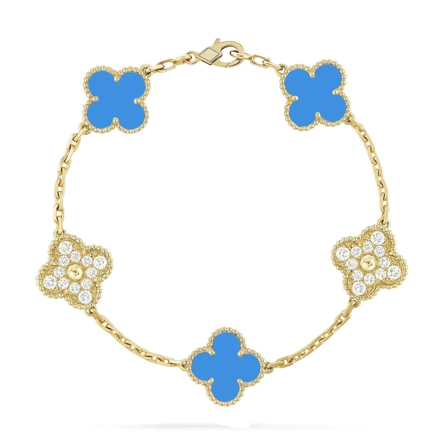[Kincade Jewelrys]CLOVER 5 MOTIF BLUE CHALCEDONY DIAMOND GOLD BRACELET