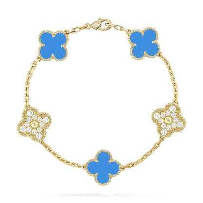 [Kincade Jewelrys]CLOVER 5 MOTIF BLUE CHALCEDONY DIAMOND GOLD BRACELET