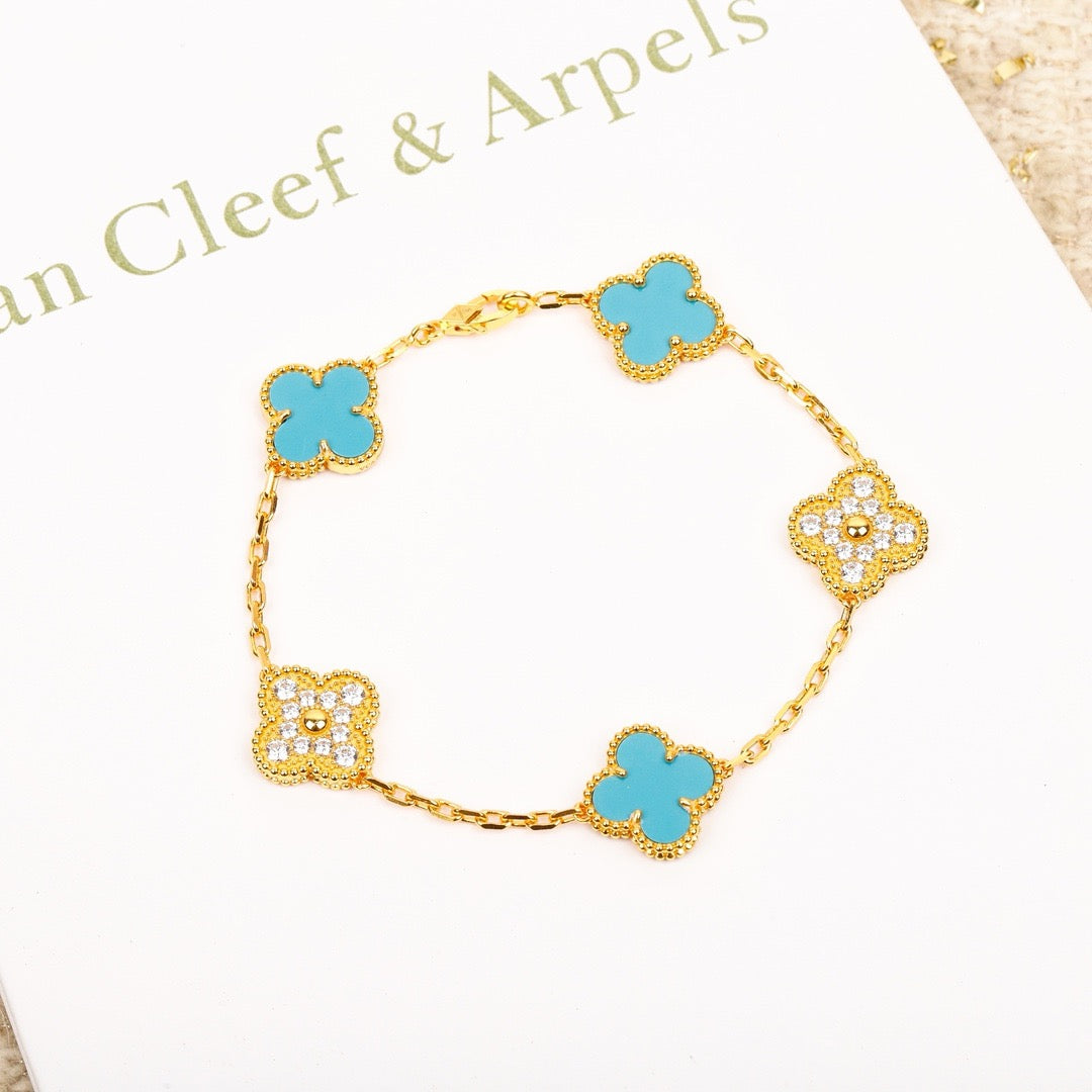 [Kincade Jewelrys]CLOVER 5 MOTIF TURQUOISE DIAMOND GOLD BRACELET
