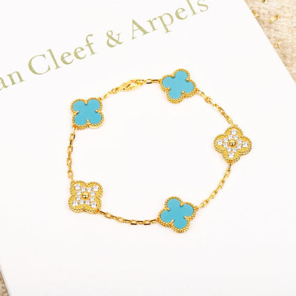 [Kincade Jewelrys]CLOVER 5 MOTIF TURQUOISE DIAMOND GOLD BRACELET