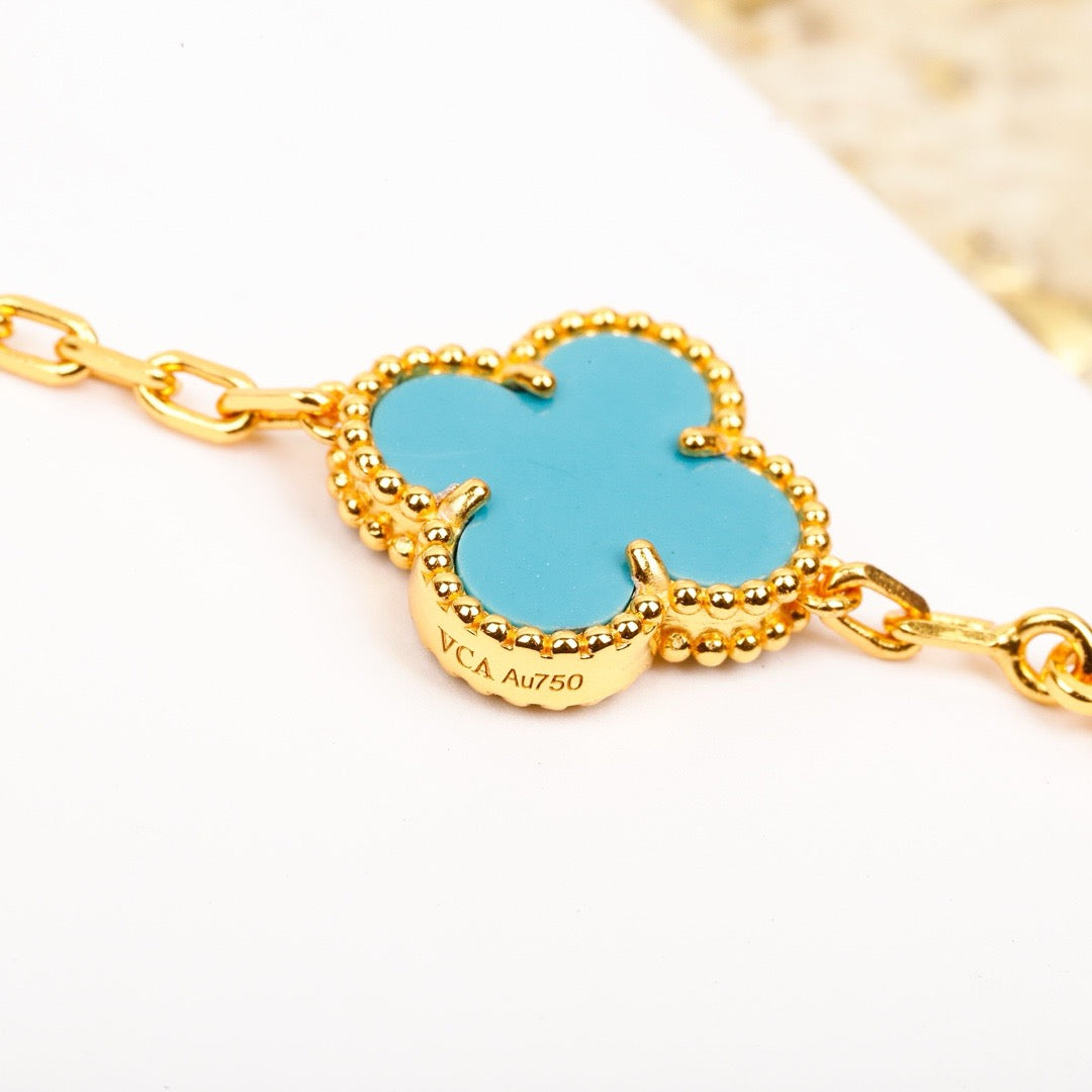 [Kincade Jewelrys]CLOVER 5 MOTIF TURQUOISE DIAMOND GOLD BRACELET