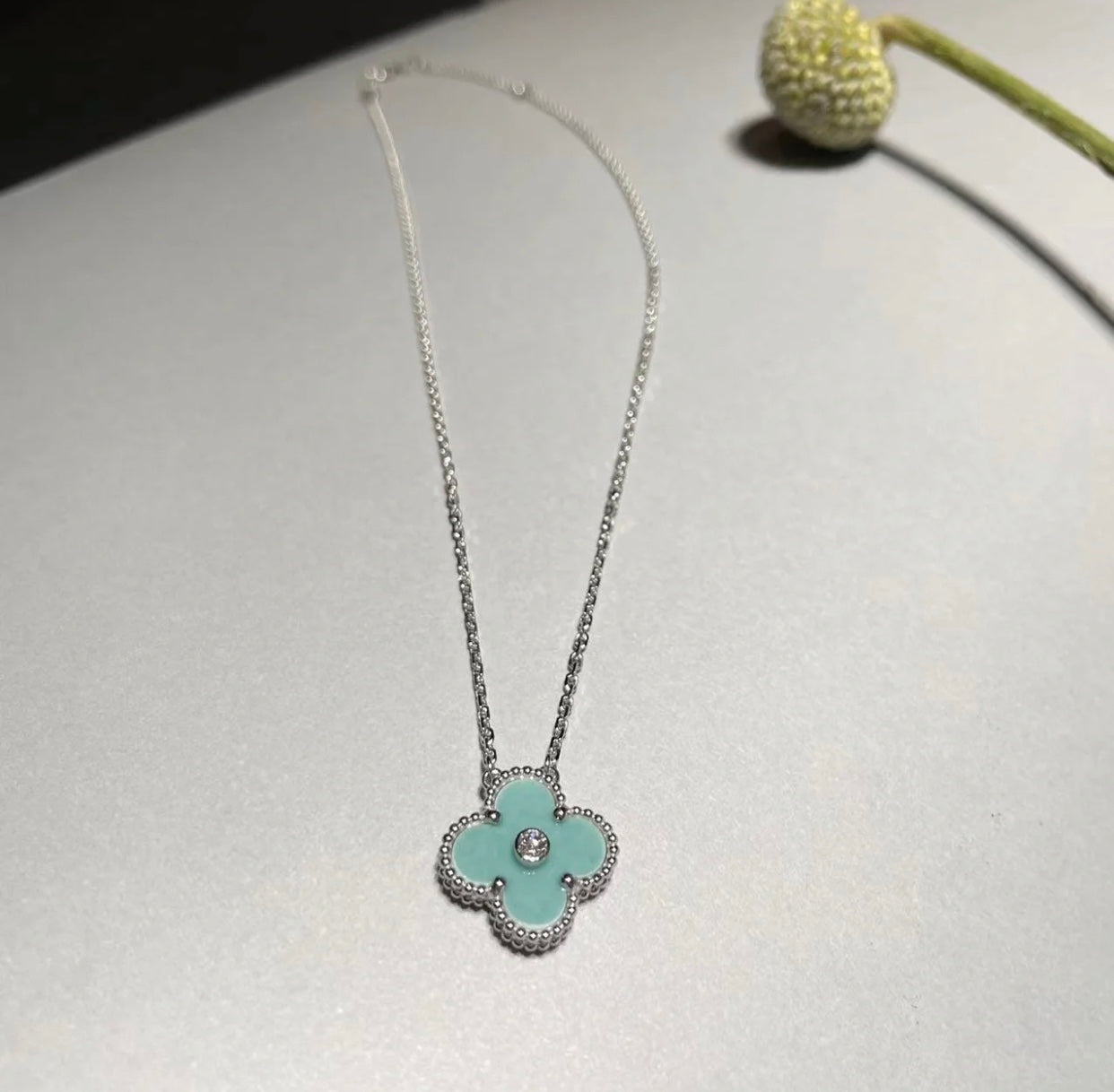 [Kincade Jewelrys]CLOVER 1 DIAMOND LIGHT BLUE SILVER NECKLACE