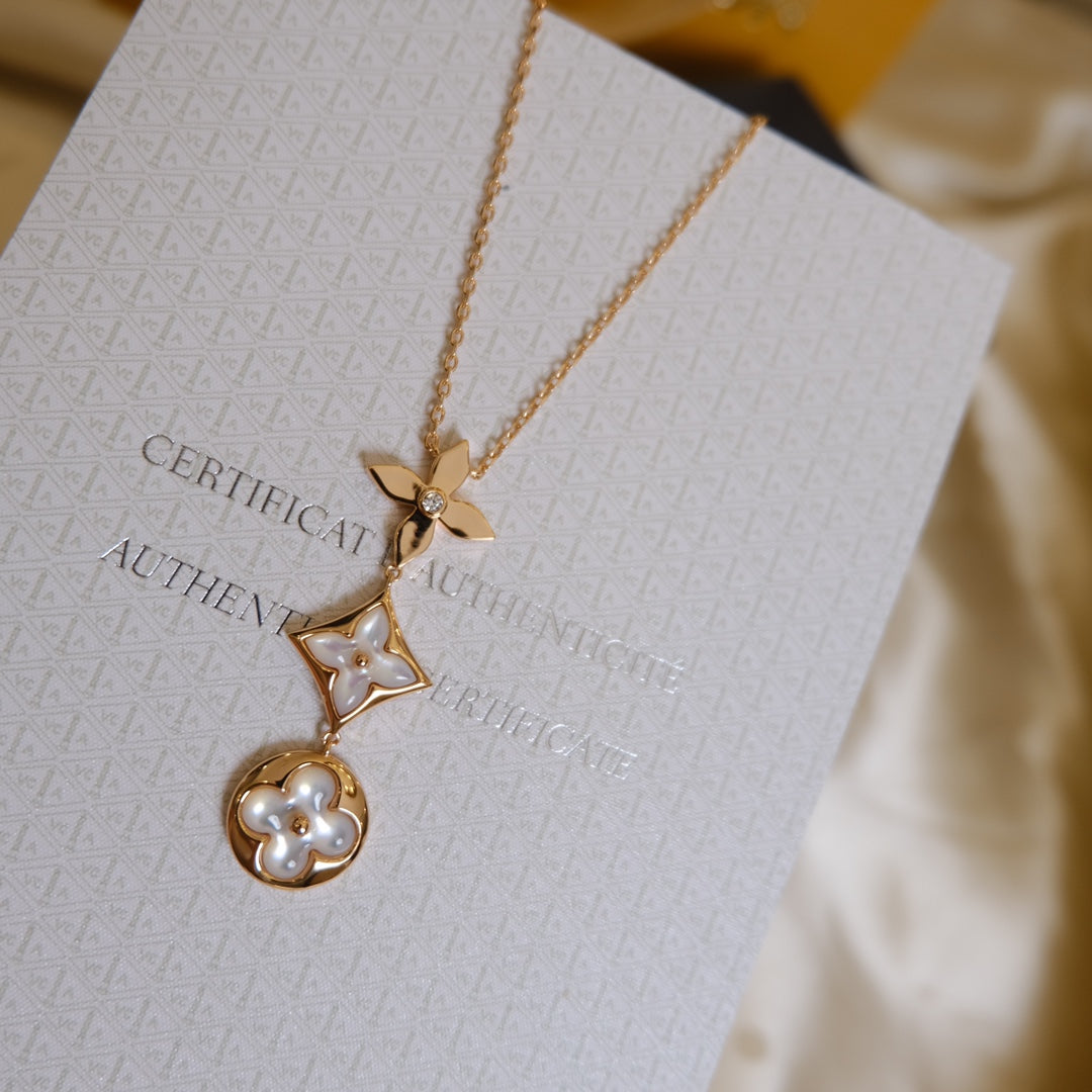 [Kincade Jewelrys]COLOR BLOSSOM LARIAT NECKLACE PINK GOLD WHITE MOTHER PEARL AND DIAMOND