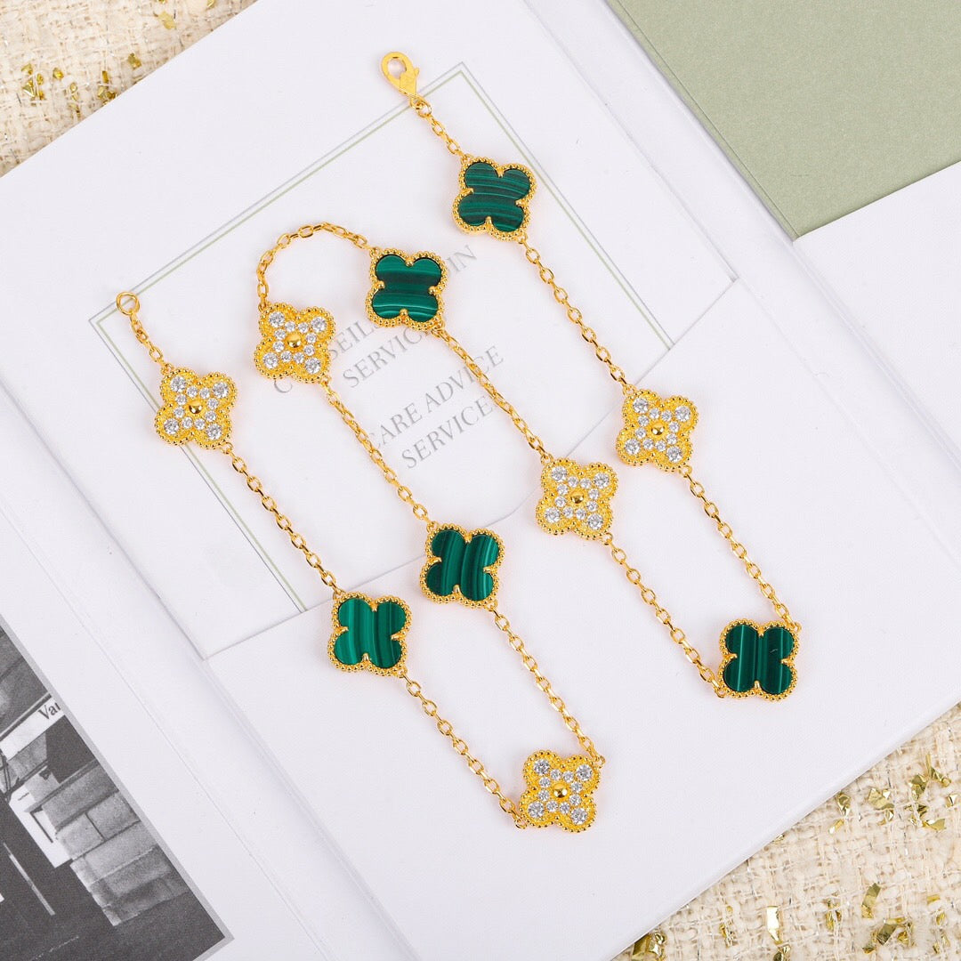 [Kincade Jewelrys]CLOVER 10 MOTIFS MALACHITE DIAMOND NECKLACE