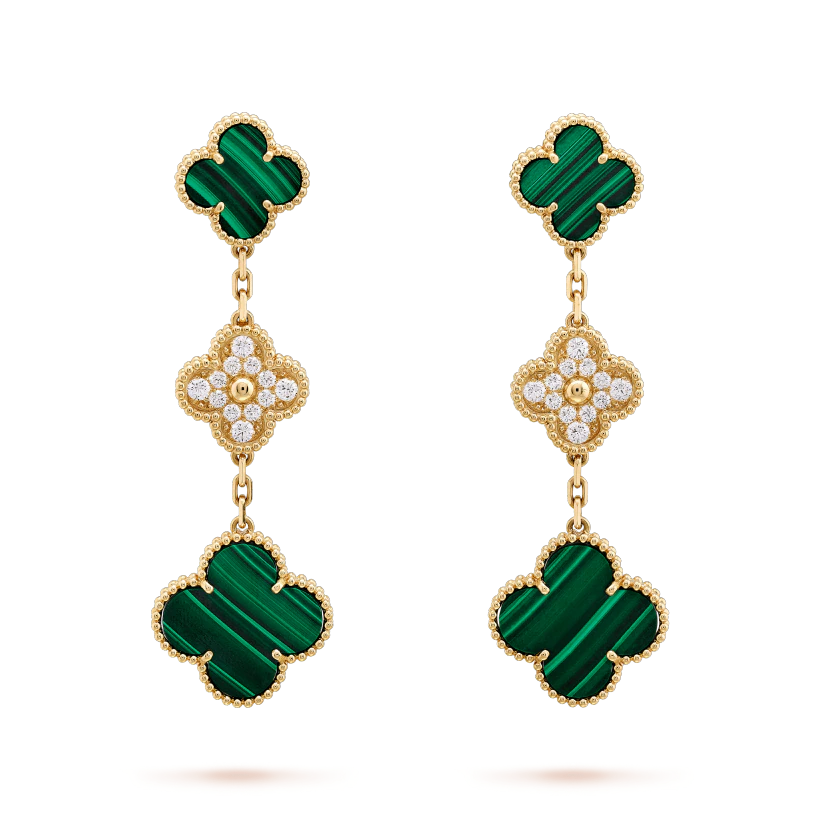 [Kincade Jewelrys]CLOVER EARRINGS GOLD MALACHITE DIAMOND 3 MOTIF