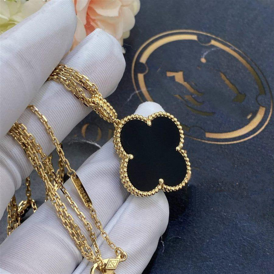 [Kincade Jewelrys]CLOVER 25MM GOLD ONYX BIG CLOVER NECKLACE