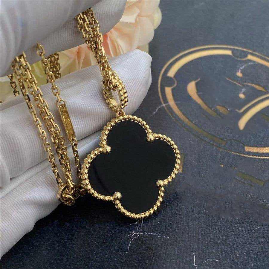 [Kincade Jewelrys]CLOVER 25MM GOLD ONYX BIG CLOVER NECKLACE