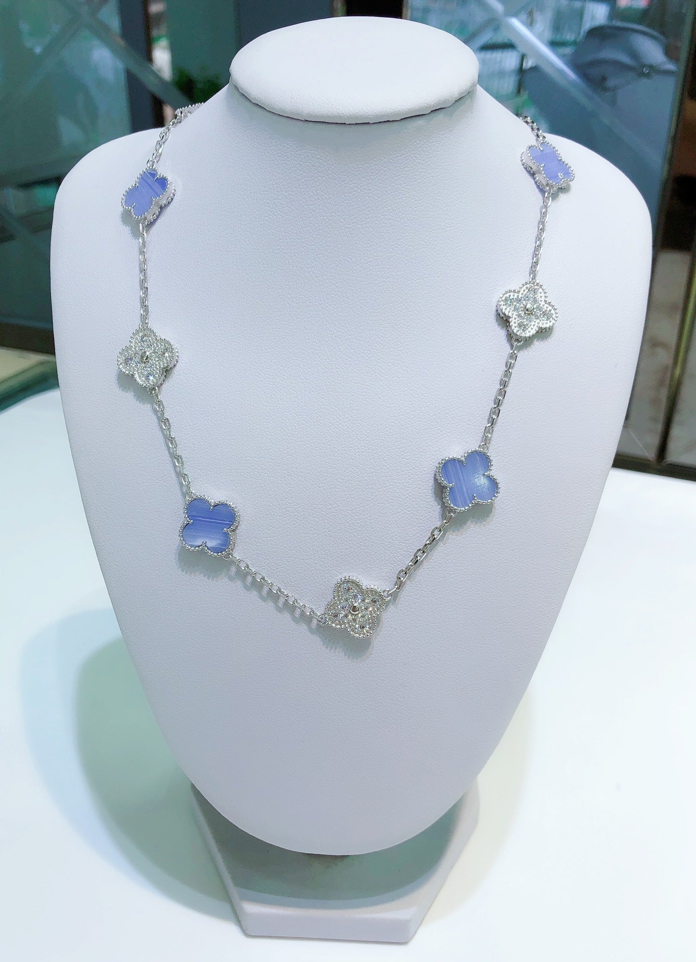 [Kincade Jewelrys]CLOVER 10 MOTIFS CHALCEDONY DIAMONDS SILVER NECKLACE
