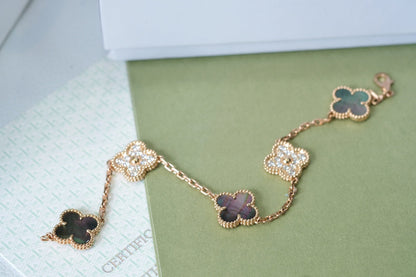 [Kincade Jewelrys]CLOVER 5 MOTIFS DARK MOP AND DIAMONDS PINK GOLD BRACELET